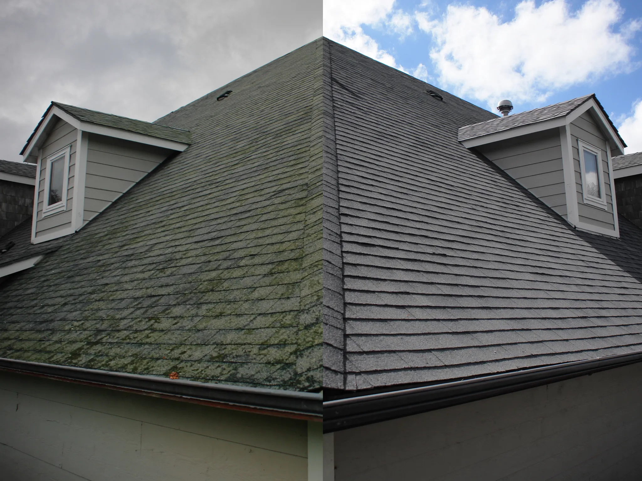 Worn roof before replacement compared to a new asphalt shingle roof after replacement
